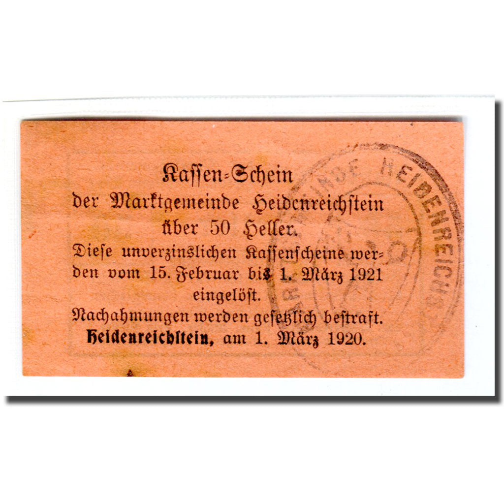 Banknote, Austria, Heidenreichstein, 50 Heller, Texte 2, 1920, AU(55-58)