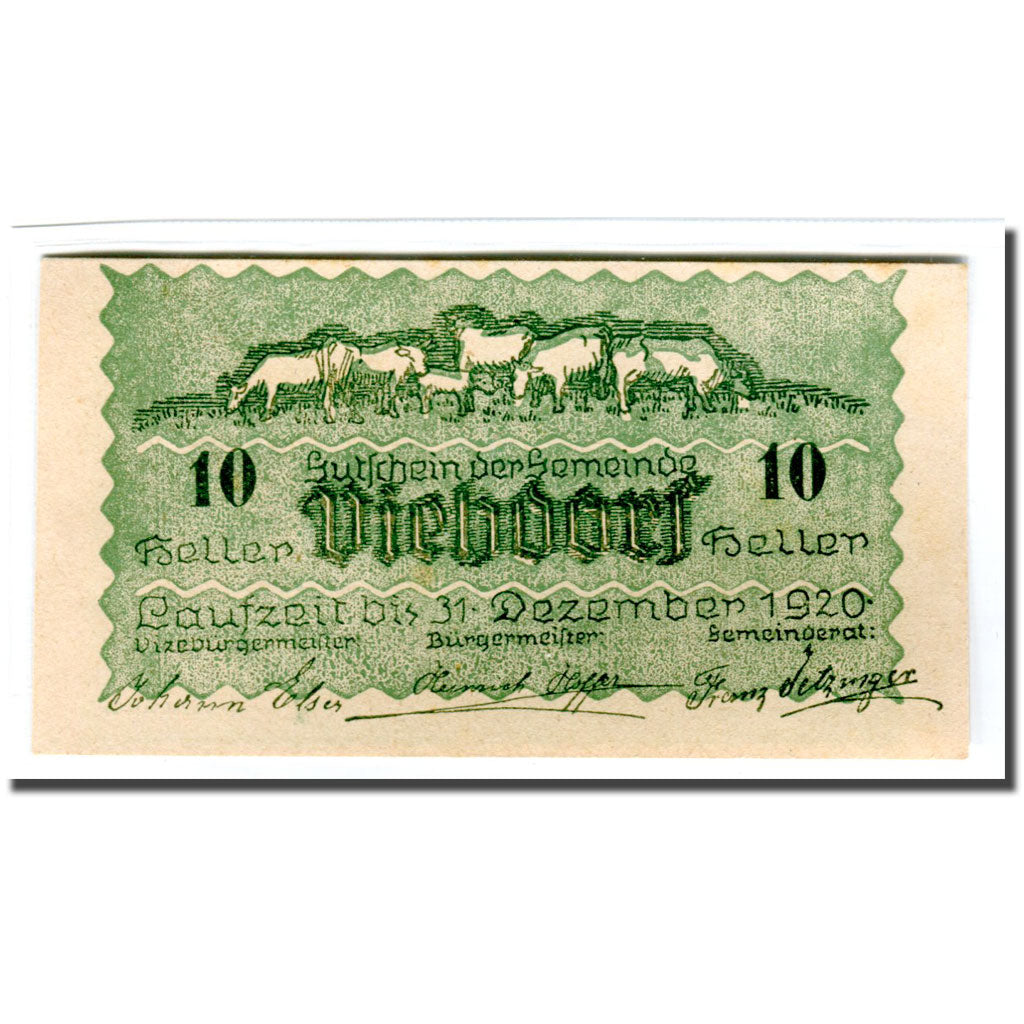 Banknote, Austria, Viehdorf, 10 Heller, vache, 1920, UNC(63), Mehl:1111a