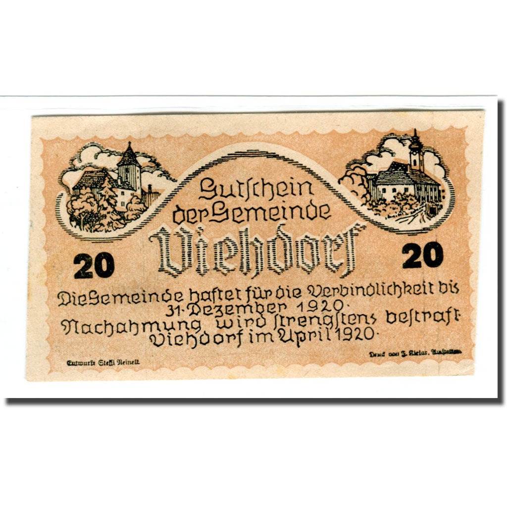 Banknote, Austria, Viehdorf, 20 Heller, vache 1, 1920, UNC(63), Mehl:1111a