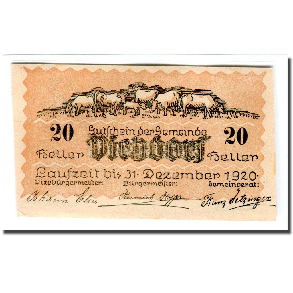 Banknote, Austria, Viehdorf, 20 Heller, vache 1, 1920, UNC(63), Mehl:1111a