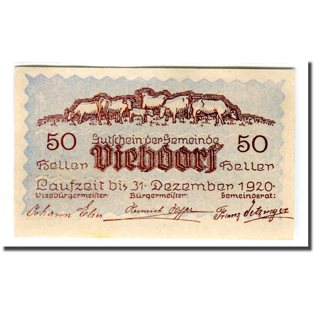 Banknote, Austria, Viehdorf, 50 Heller, vache 2, 1920, UNC(63), Mehl:1111a