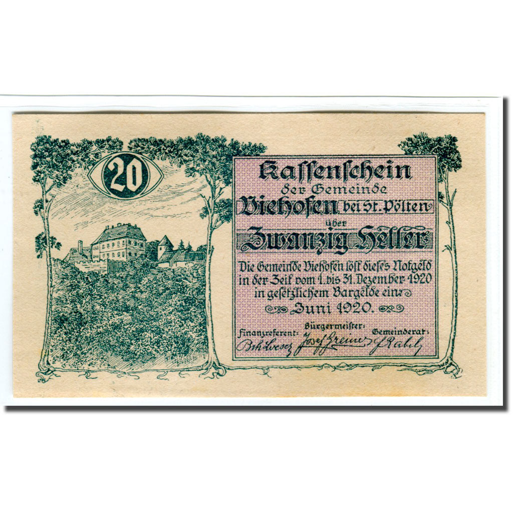 Billete, Austria, Viehhofen bei St. Pölten N.Ö. Gemeinde, 20 Heller, N.D