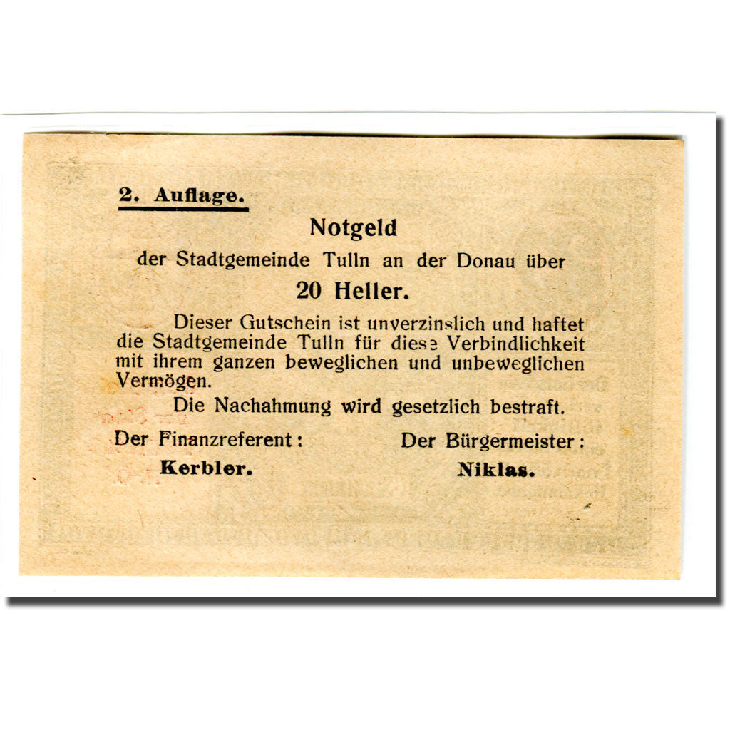 Banknote, Austria, Tulln N.Ö. Stadtgemeinde, 20 Heller, Texte, UNC(63)
