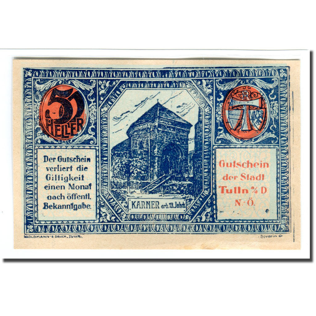 Biljet, Oostenrijk, Tulln N.Ö. Stadtgemeinde, 50 Heller, texte 1, SPL