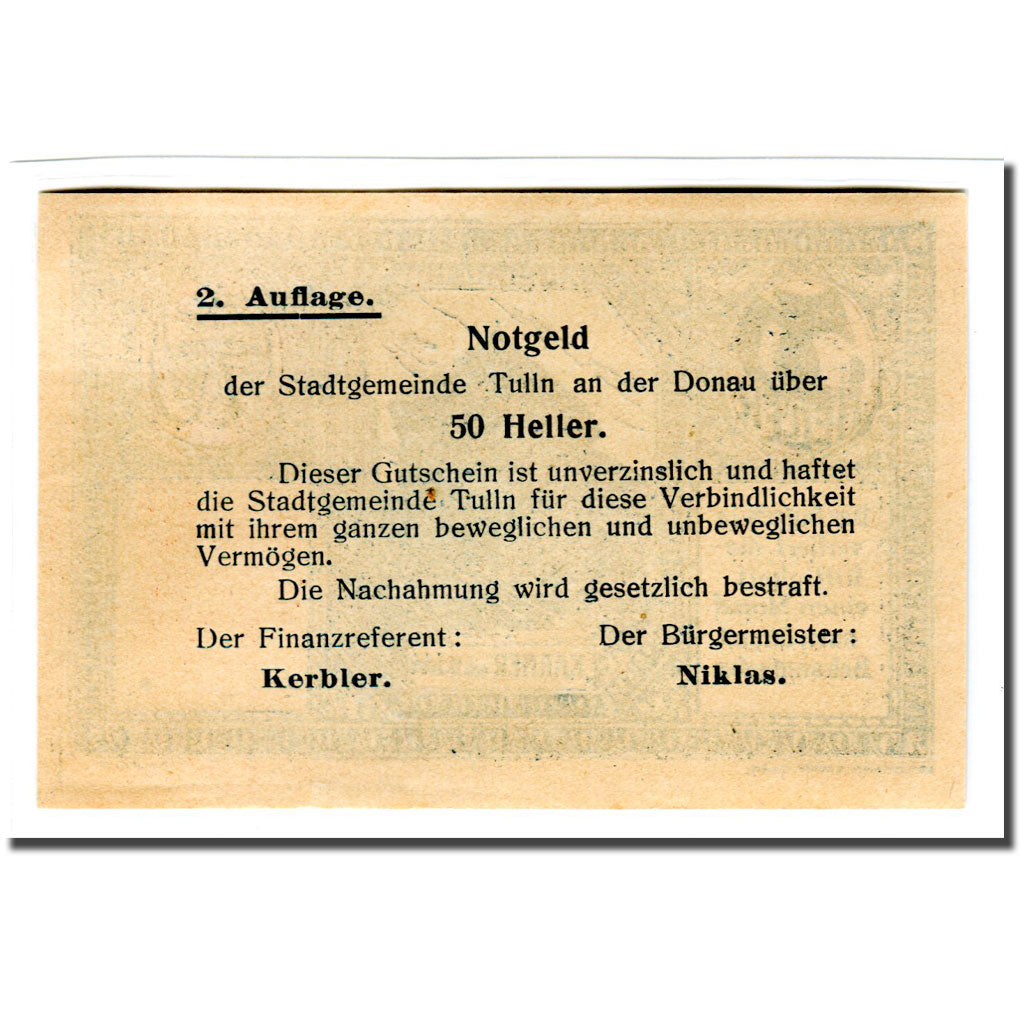 Biljet, Oostenrijk, Tulln N.Ö. Stadtgemeinde, 50 Heller, texte 1, SPL