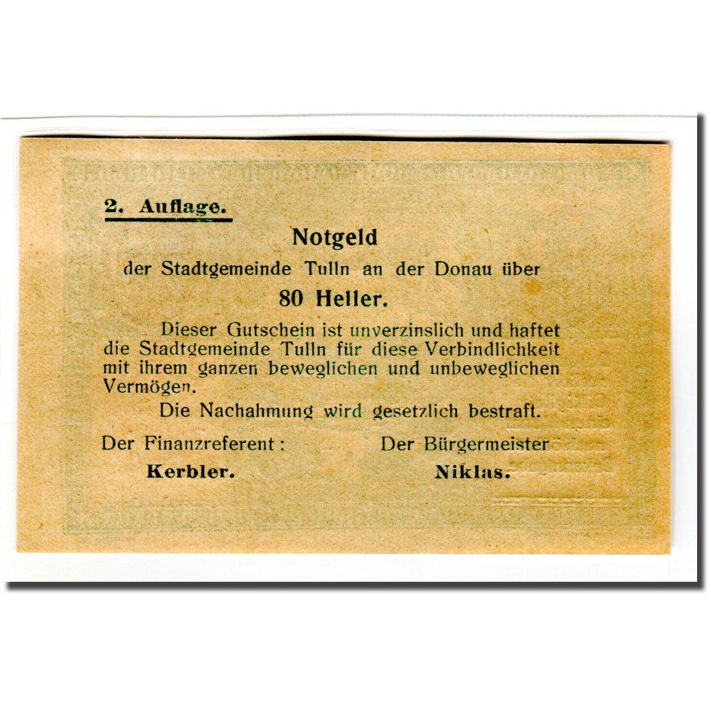 Banknote, Austria, Tulln N.Ö. Stadtgemeinde, 80 Heller, Texte 2, UNC(63)