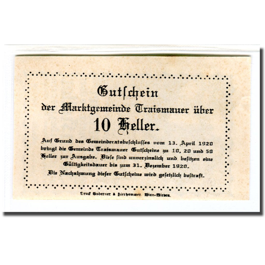 Biljet, Oostenrijk, Traismauer, 10 Heller, Texte, 1920, 1920-04-13, SPL