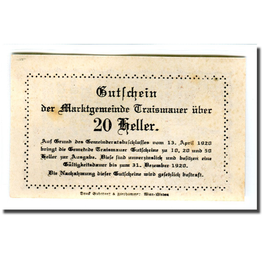 Banknote, Austria, Traismauer, 20 Heller, texte 1, 1920, 1920-04-13, UNC(63)