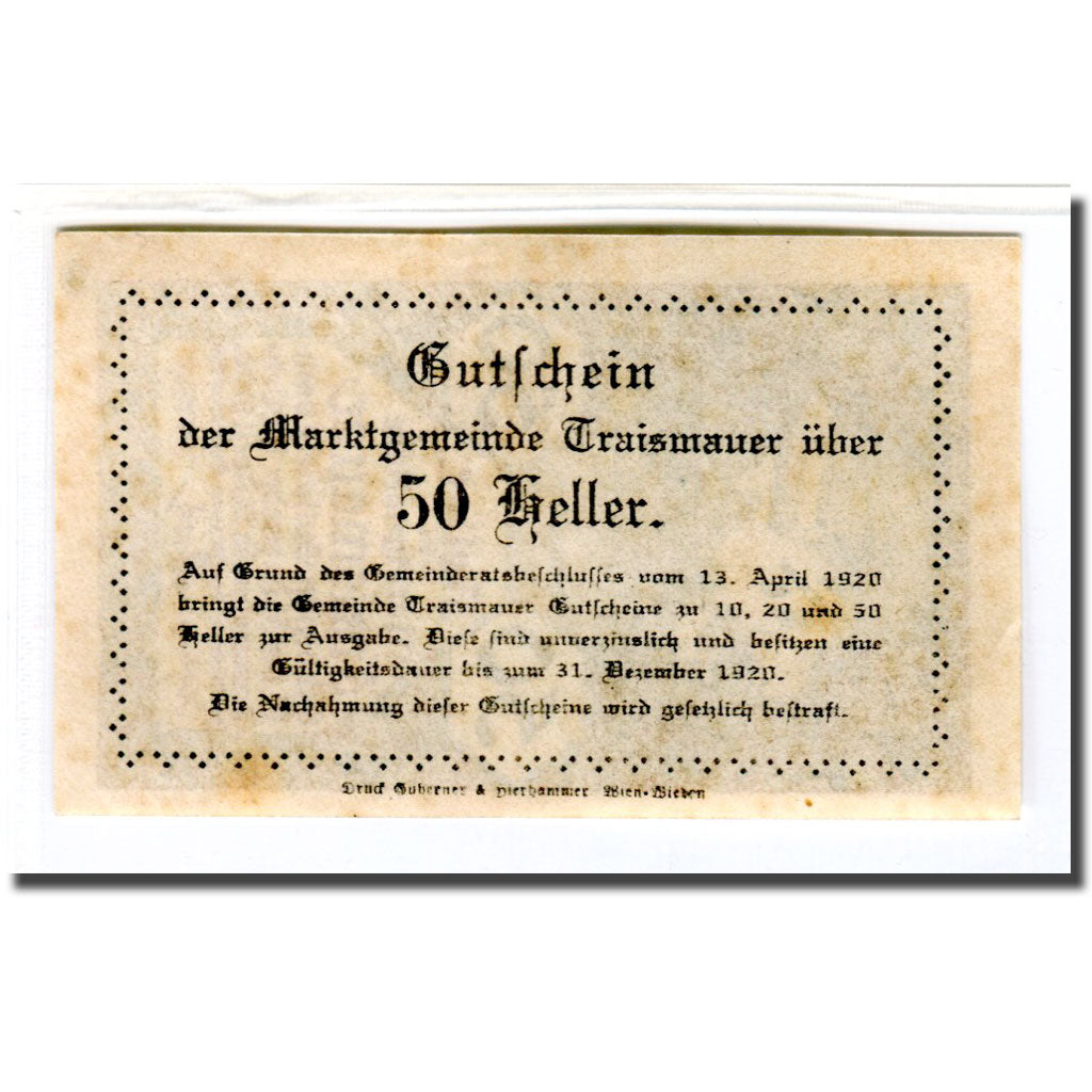 Biljet, Oostenrijk, Traismauer, 50 Heller, Texte 2, 1920, 1920-04-13, SPL
