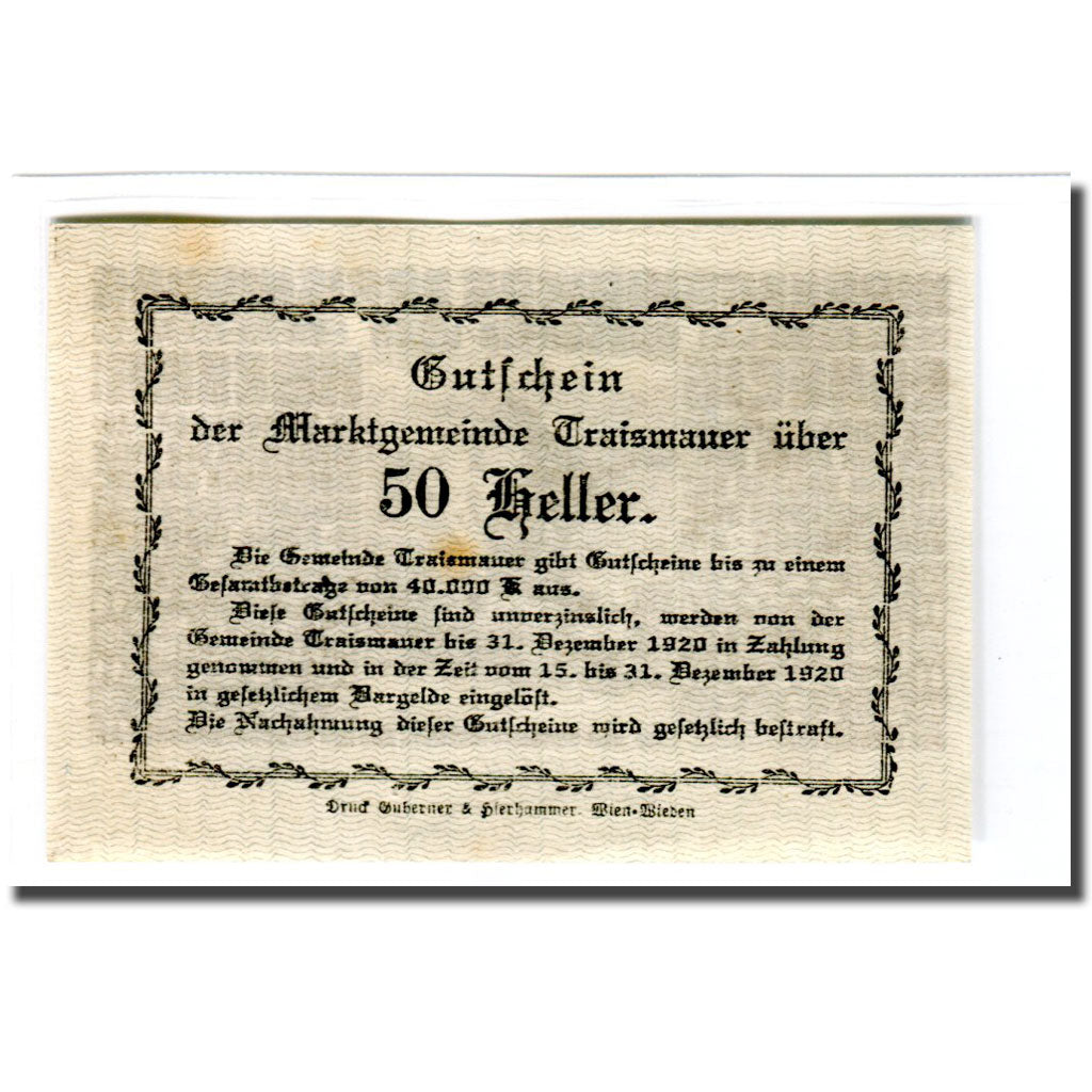 Banknote, Austria, Traismauer, 50 Heller, Texte, 1920, 1920-04-13, UNC(63)