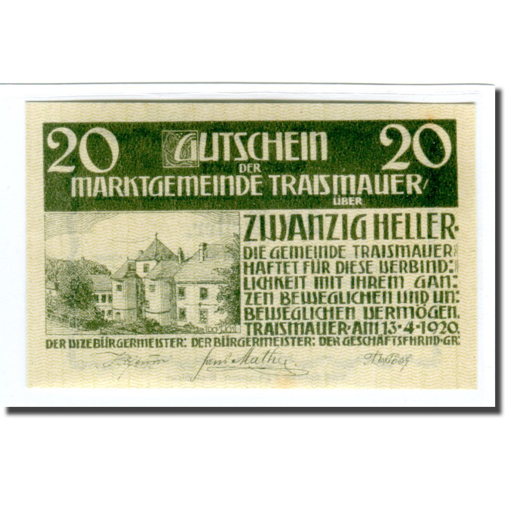 Biljet, Oostenrijk, Traismauer, 20 Heller, texte 1, 1920, 1920-04-13, SPL