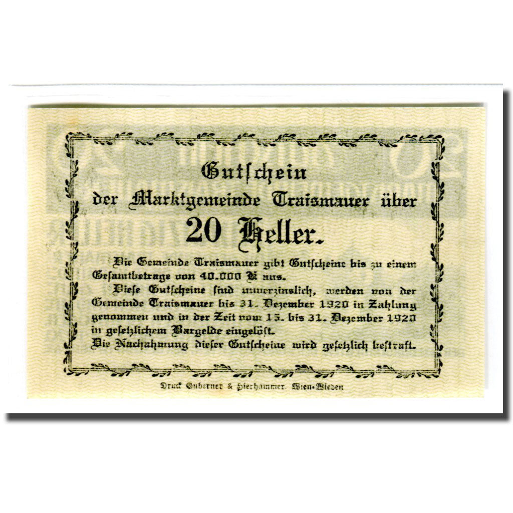 Biljet, Oostenrijk, Traismauer, 20 Heller, texte 1, 1920, 1920-04-13, SPL