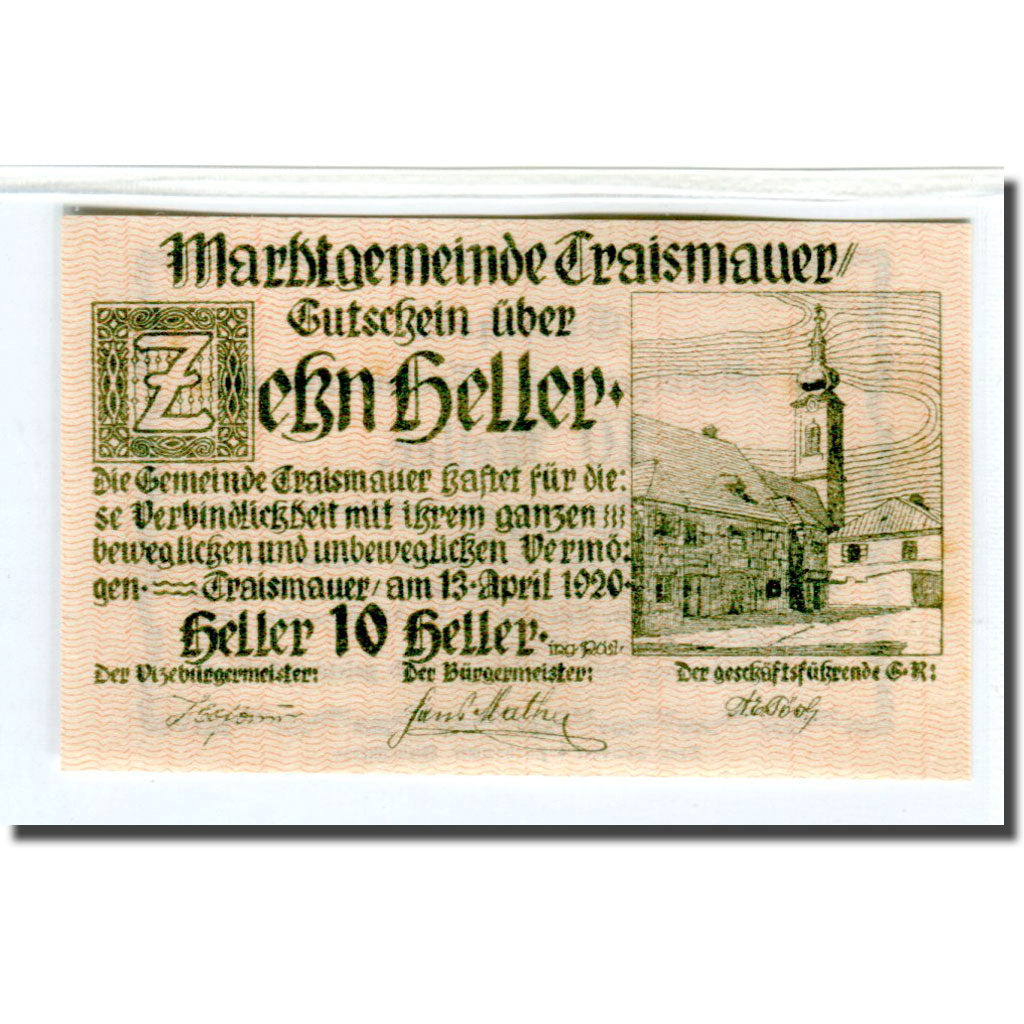 Banknote, Austria, Traismauer, 10 Heller, Texte 2, 1920, 1920-04-13, UNC(63)