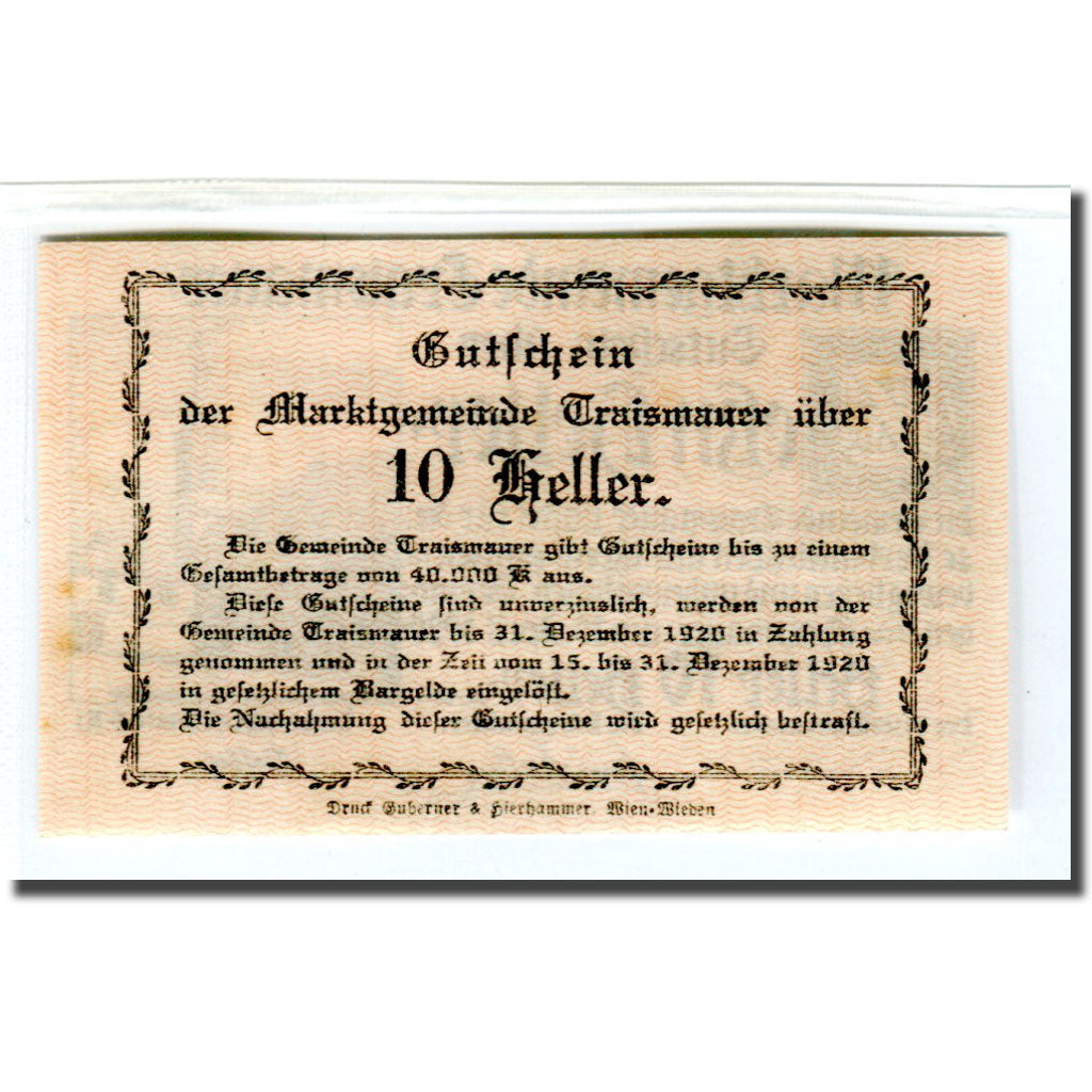 Banknote, Austria, Traismauer, 10 Heller, Texte 2, 1920, 1920-04-13, UNC(63)