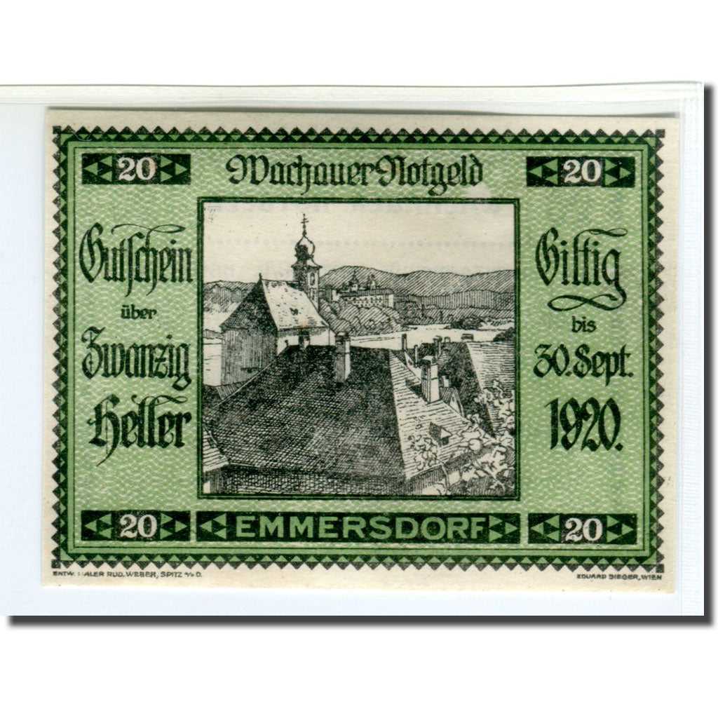 Banknot, Austria, Wachauer Notgeld Emmersdorf N.Ö. Gemeinde, 20 Heller, texte