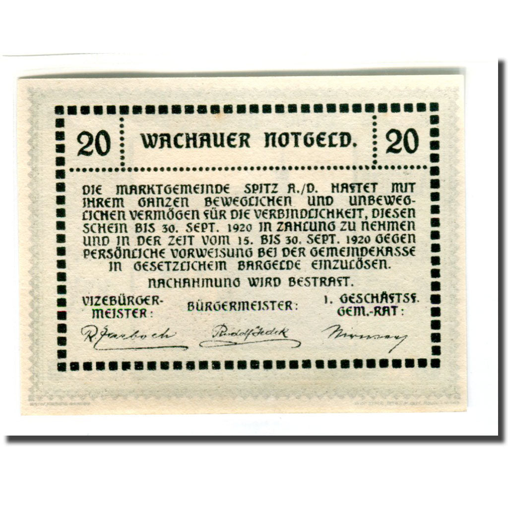 Banknot, Austria, Wachauer Notgeld Emmersdorf N.Ö. Gemeinde, 20 Heller, texte