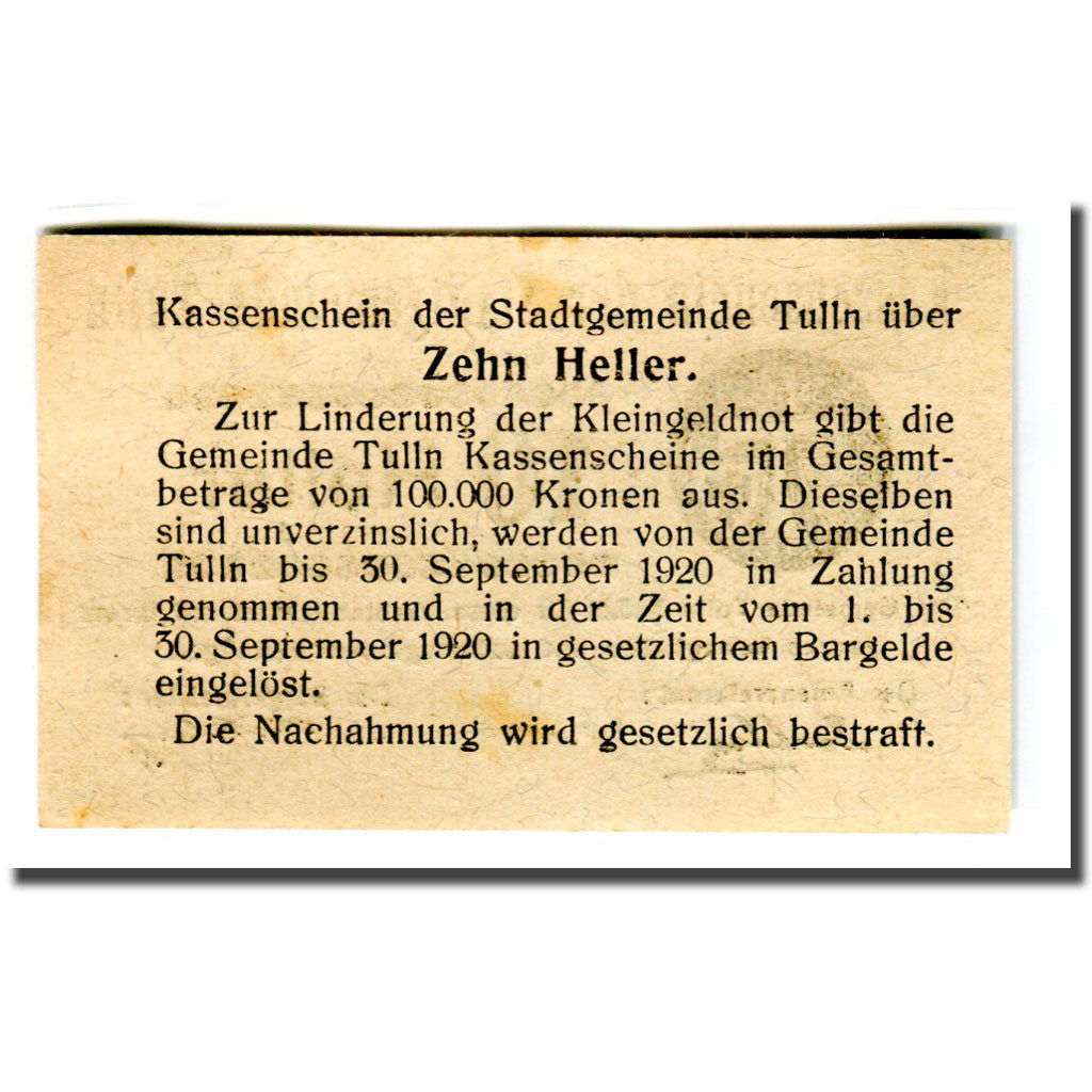 Banknote, Austria, Tulln N.Ö. Stadtgemeinde, 10 Heller, Texte, 1920, UNC(63)
