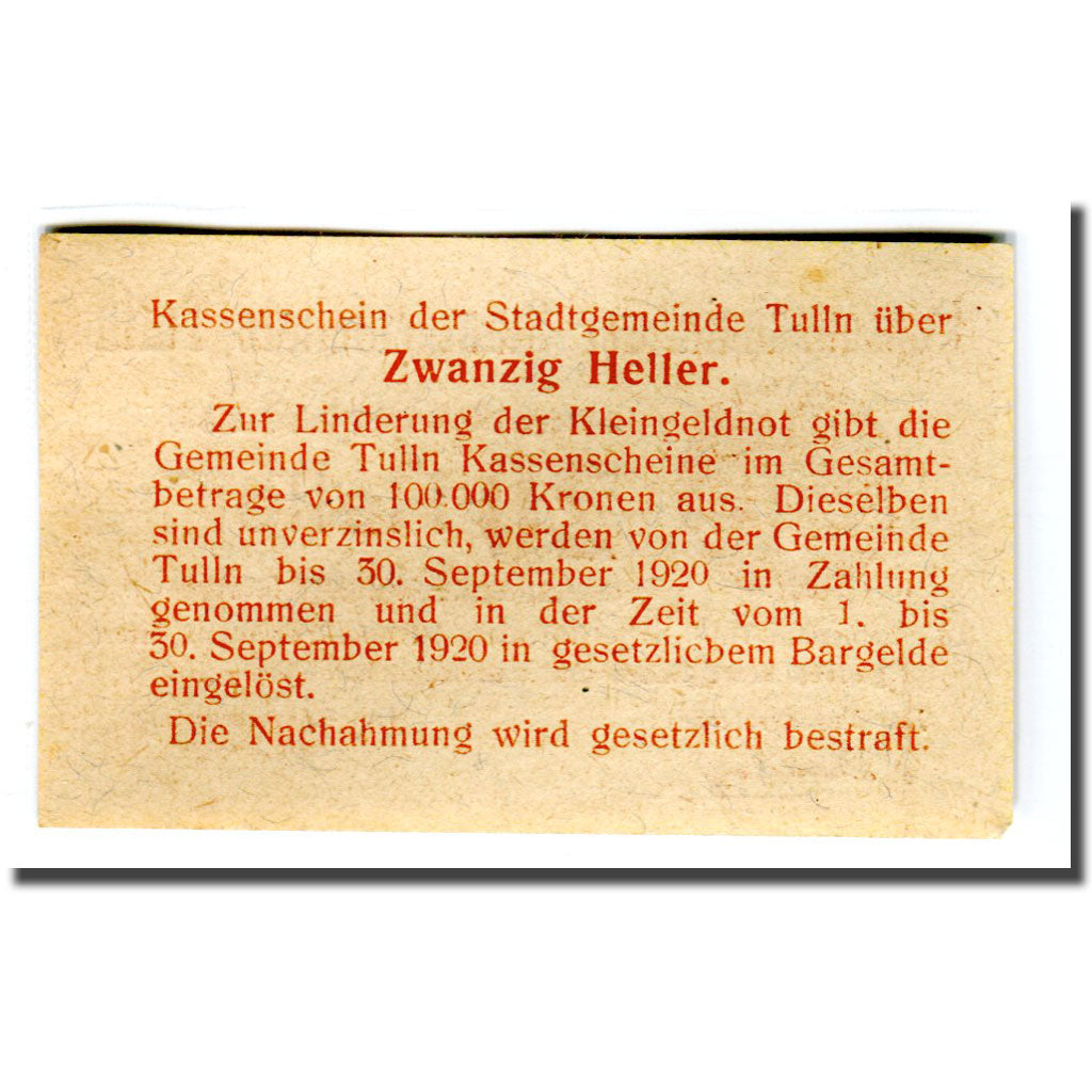 Banknote, Austria, Tulln N.Ö. Stadtgemeinde, 20 Heller, texte 1, 1920, UNC(63)