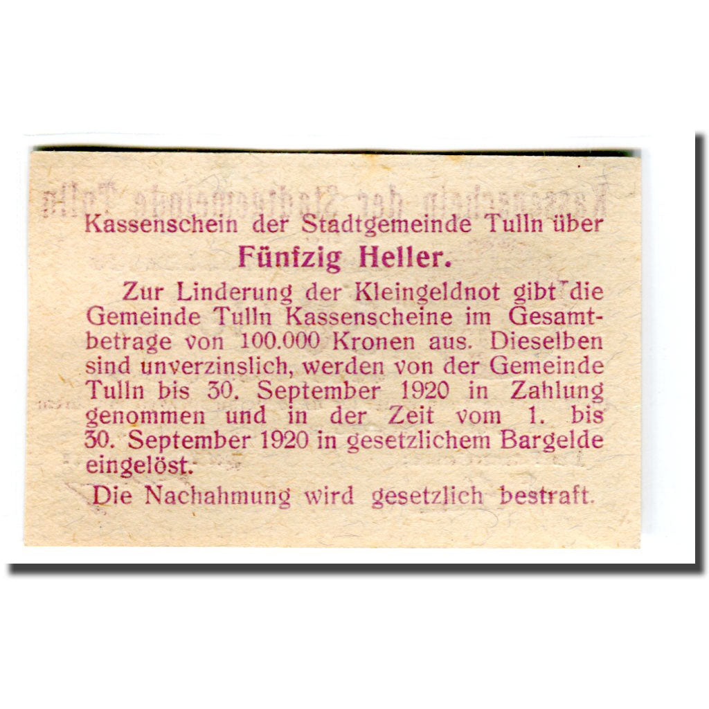 Banknote, Austria, Tulln N.Ö. Stadtgemeinde, 50 Heller, Texte 2, 1920, UNC(63)