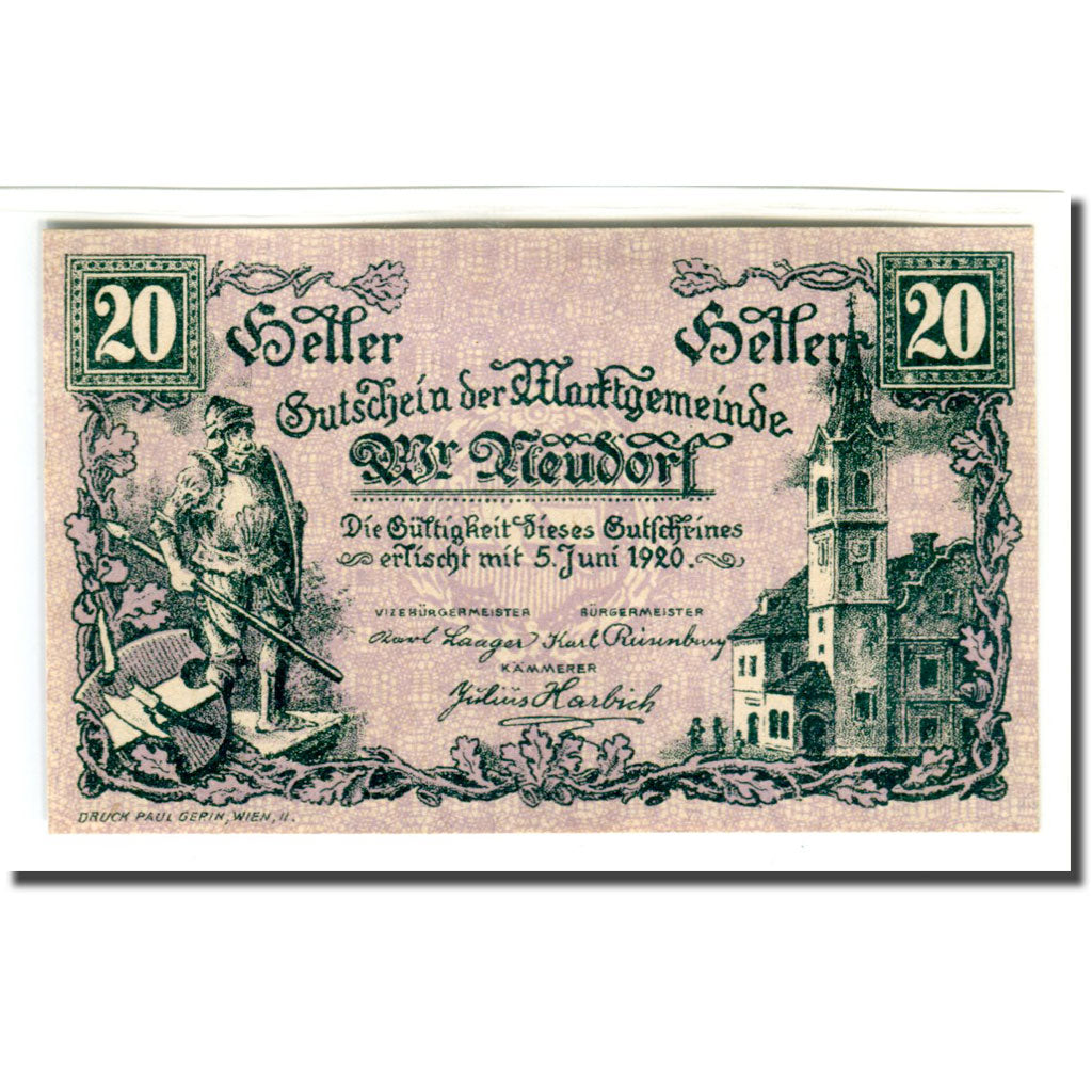 Banknot, Austria, Wiener Neudorf N.Ö. Marktgemeinde, 20 Heller, N.D, Undated