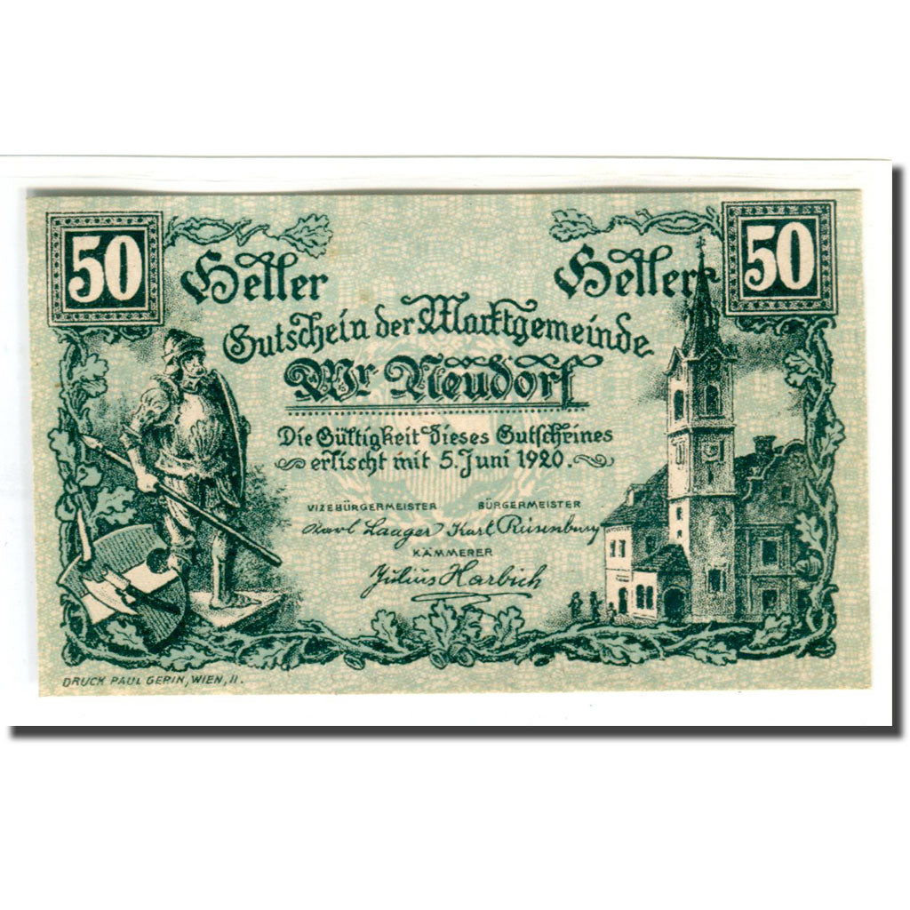 Billete, Austria, Wiener Neudorf N.Ö. Marktgemeinde, 50 Heller, N.D, SC