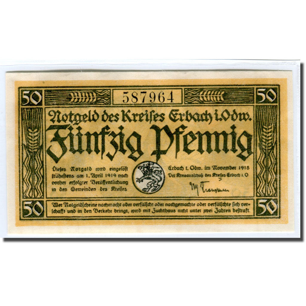 Banknote, Germany, Erbach im Odenwald Kreis, 50 Pfennig, personnage, 1918