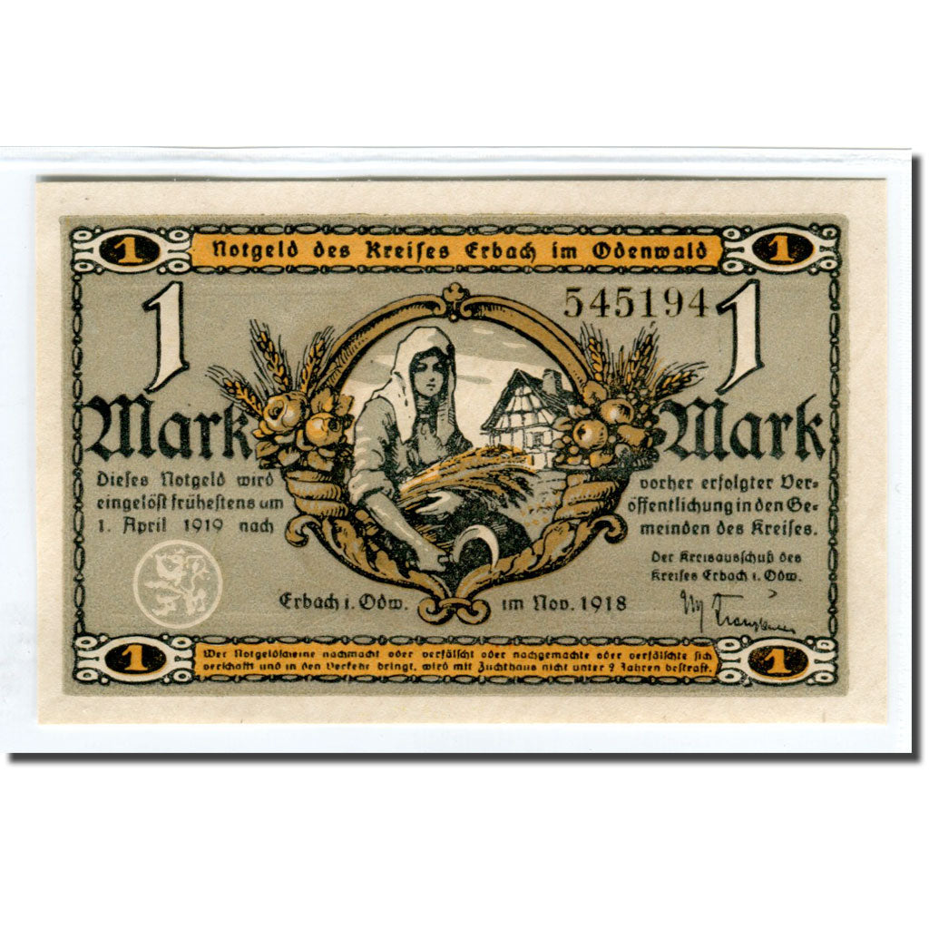 Biljet, Duitsland, Erbach im Odenwald Kreis, 1 Mark, Maison, 1918, SPL