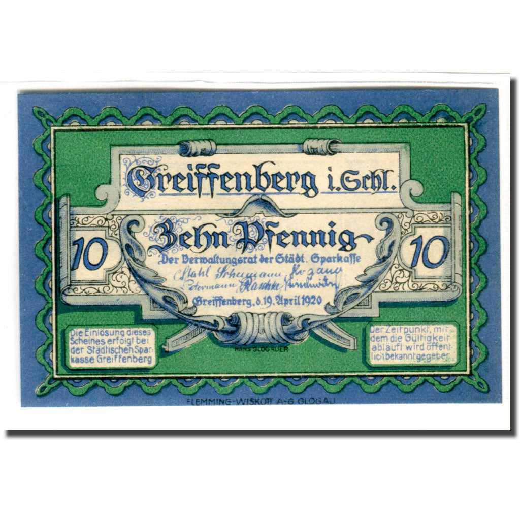 Banknote, Germany, Greiffenberg, 10 Pfennig, personnage, 1920, 1920-04-19