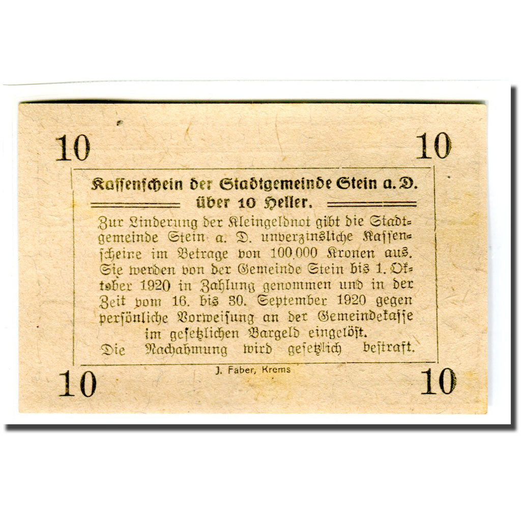 Banknote, Austria, Stein an der Donau, 10 Heller, Texte, 1920, 1920-04-09