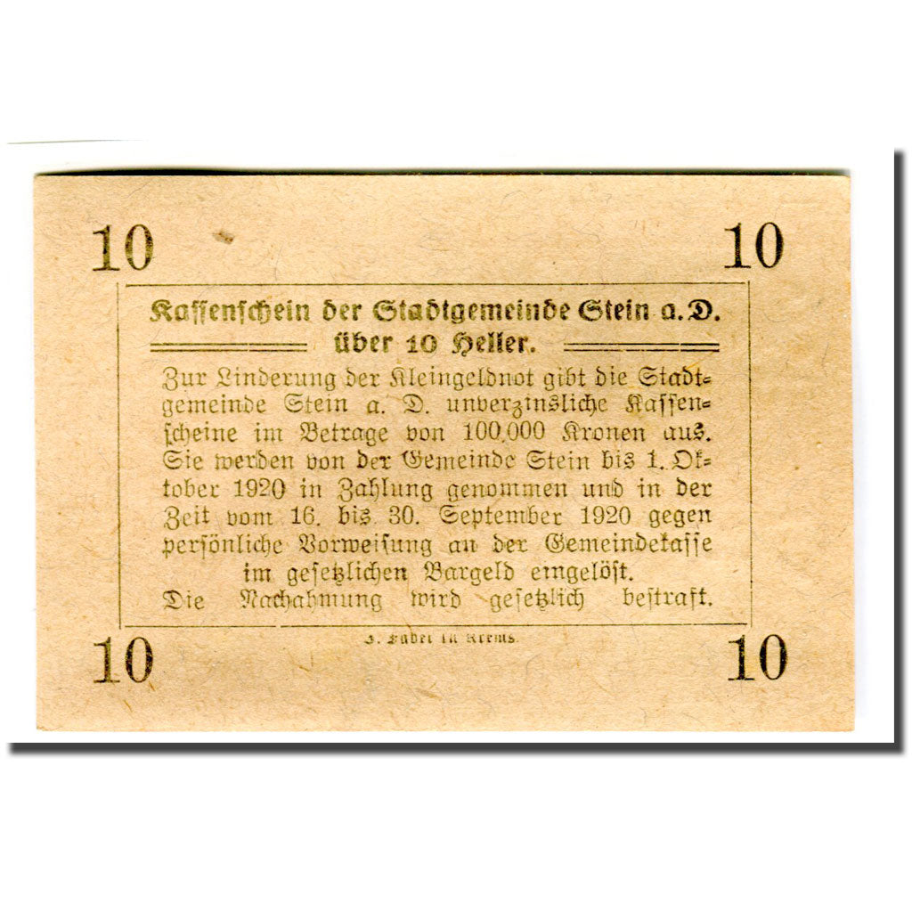 Banknote, Austria, Stein an der Donau, 10 Heller, texte 1, 1920, 1920-04-09