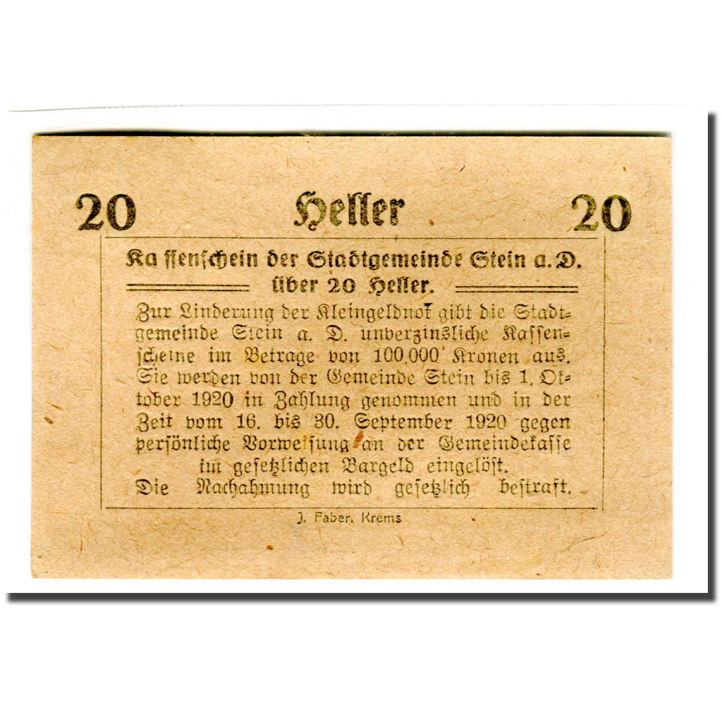 Biljet, Oostenrijk, Stein an der Donau, 20 Heller, Texte 2, 1920, 1920-04-09