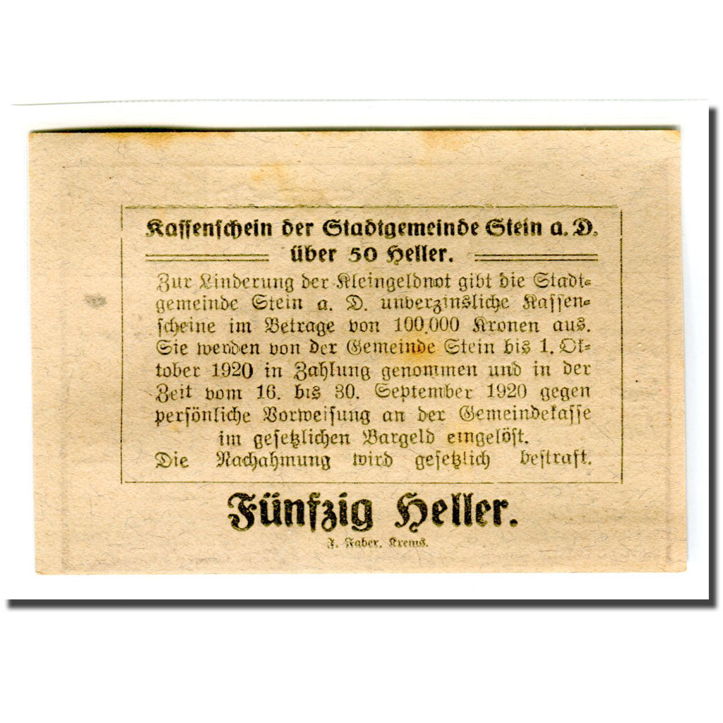 Biljet, Oostenrijk, Stein an der Donau, 50 Heller, Texte 3, 1920, 1920-04-09