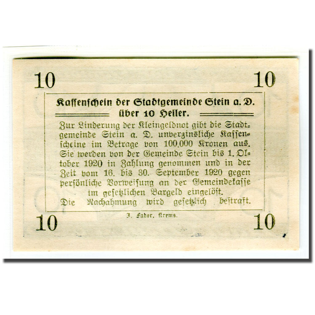 Biljet, Oostenrijk, Stein an der Donau, 10 Heller, Texte 4, 1920, 1920-04-09