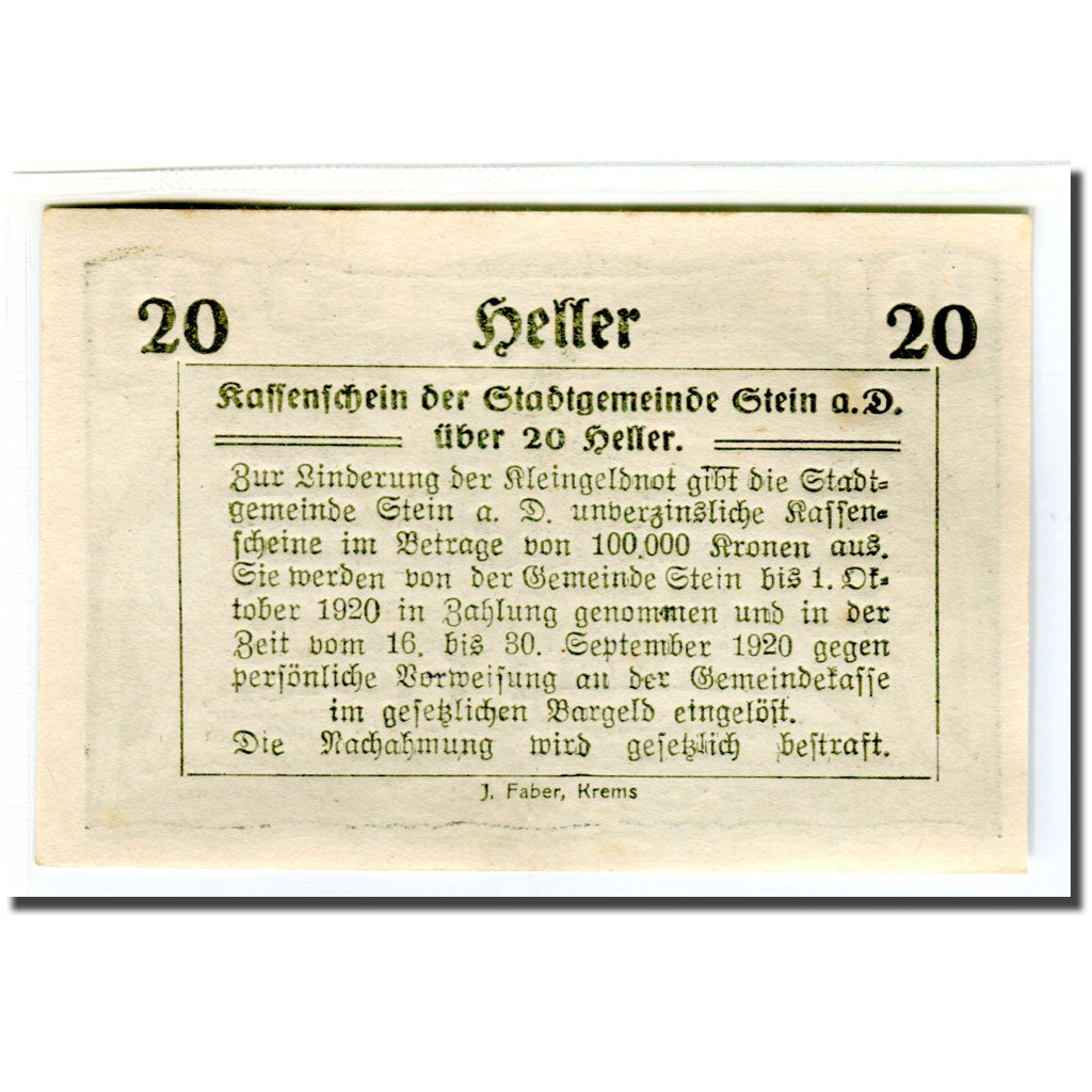 Biljet, Oostenrijk, Stein an der Donau, 20 Heller, Texte  5, 1920, 1920-04-09