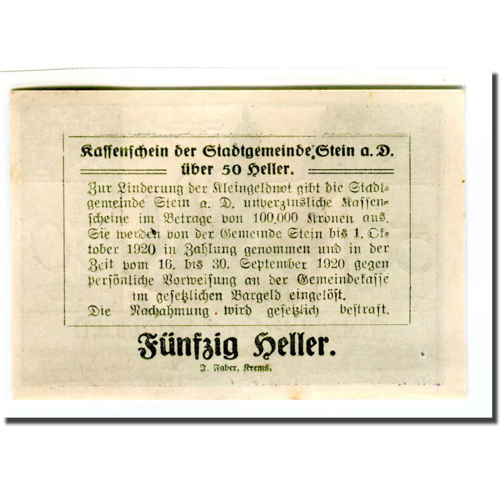 Banknote, Austria, Stein an der Donau, 50 Heller, Texte 6, 1920, 1920-04-09