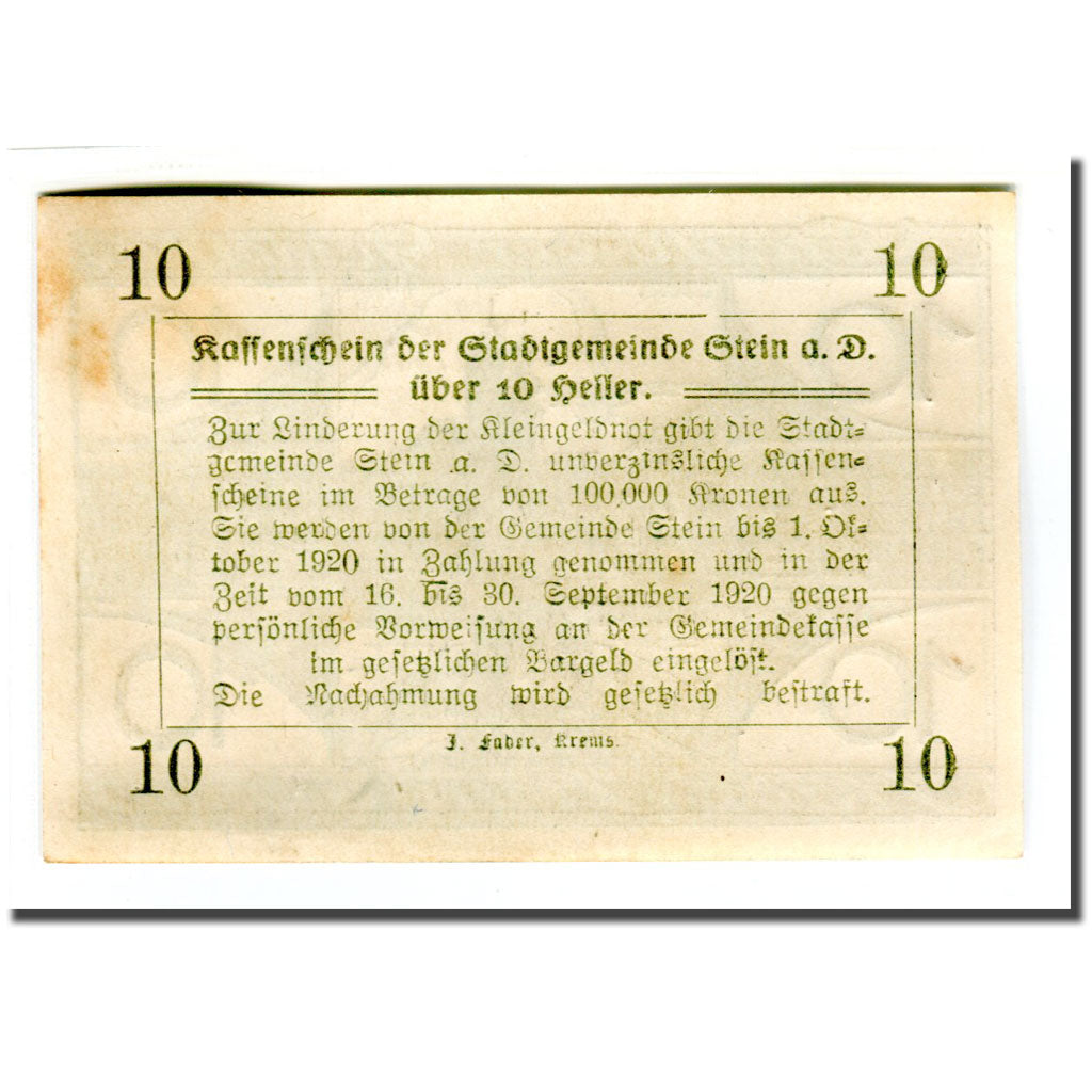 Banknote, Austria, Stein an der Donau, 10 Heller, Texte, 1920, 1920-04-09