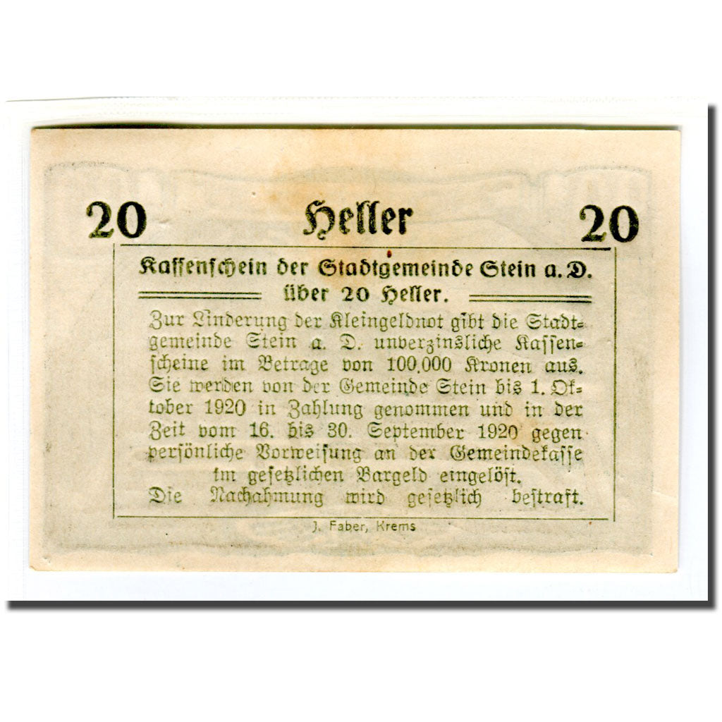 Banknote, Austria, Stein an der Donau, 20 Heller, texte 1, 1920, 1920-04-09