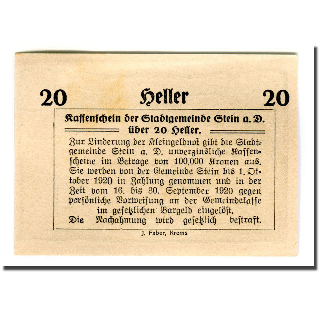 Biljet, Oostenrijk, Stein an der Donau, 20 Heller, Texte 2, 1920, 1920-04-09