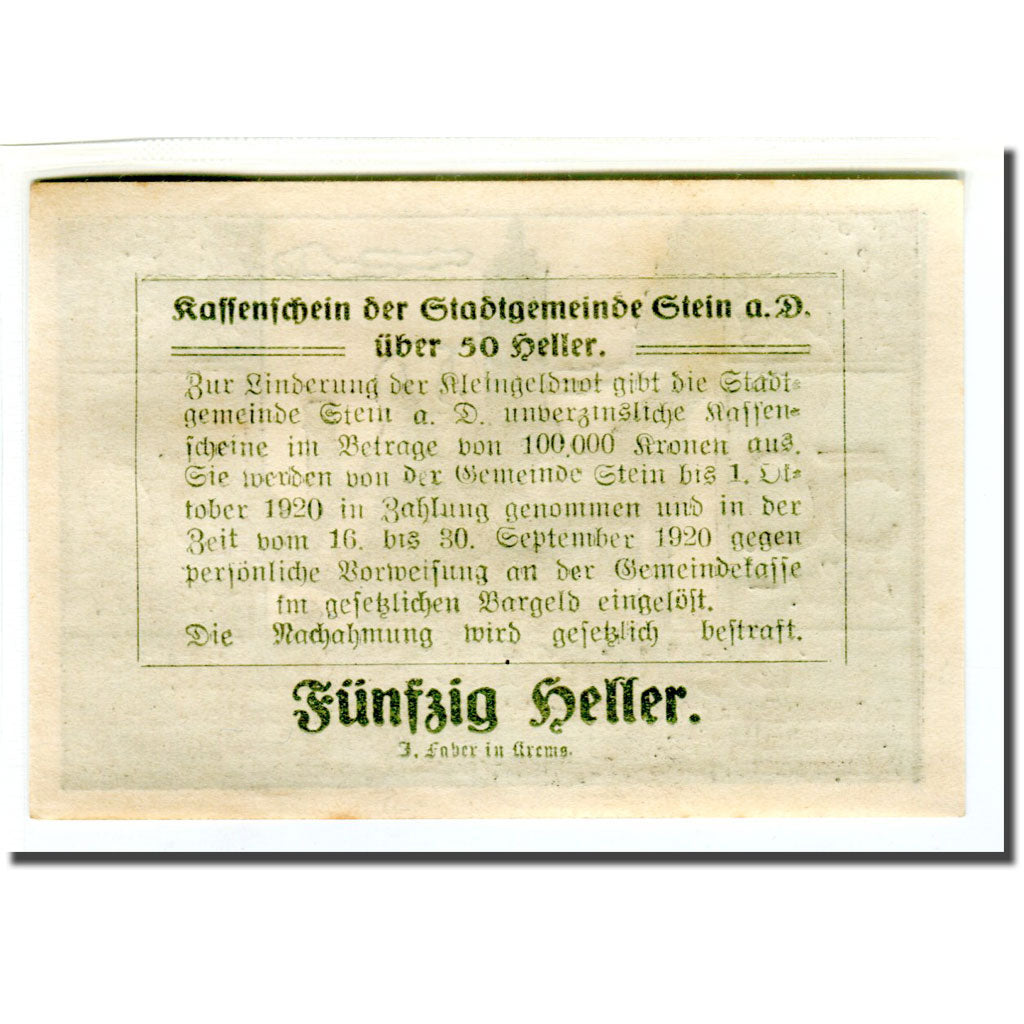 Biljet, Oostenrijk, Stein an der Donau, 50 Heller, Texte 3, 1920, 1920-04-09