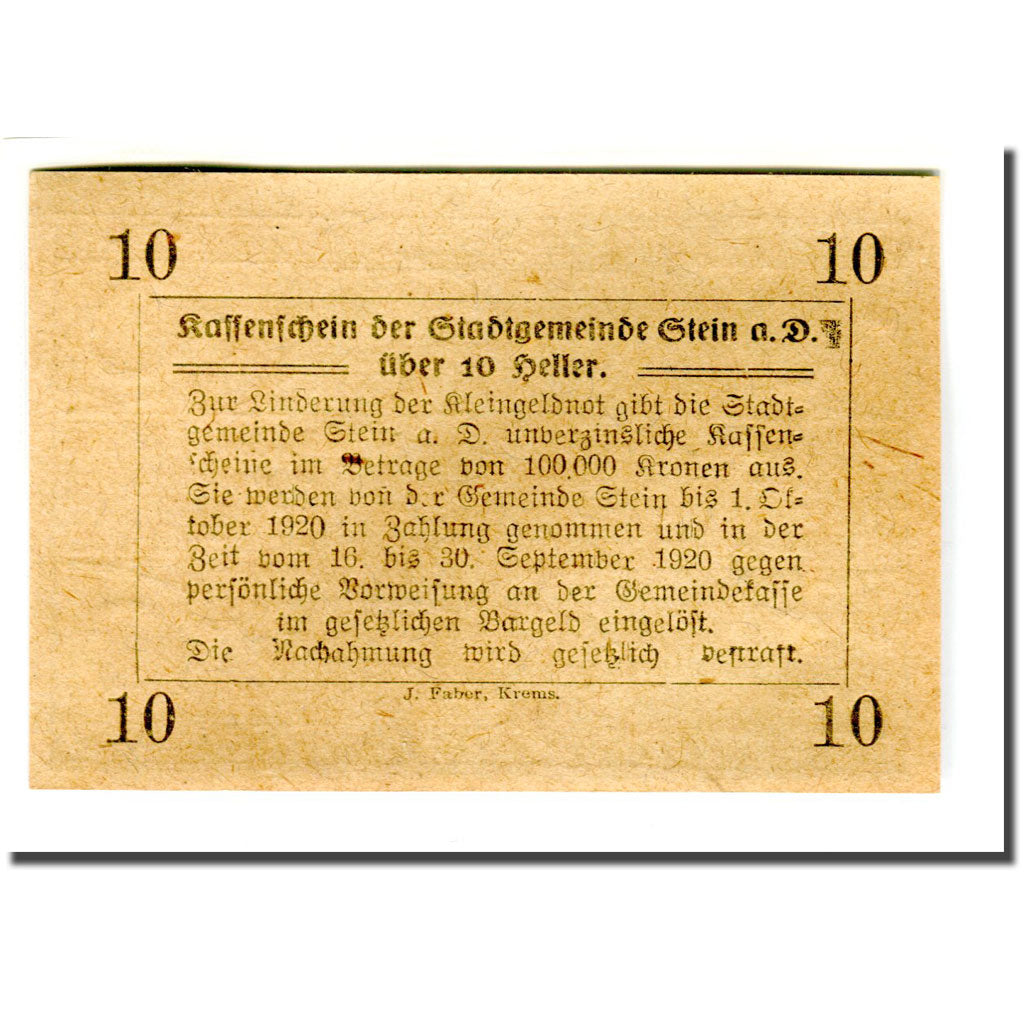 Biljet, Oostenrijk, Stein an der Donau, 10 Heller, Texte, 1920, 1920-04-09, SPL