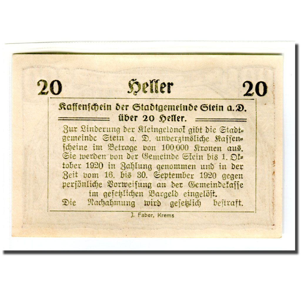 Biljet, Oostenrijk, Stein an der Donau, 20 Heller, texte 1, 1920, 1920-04-09