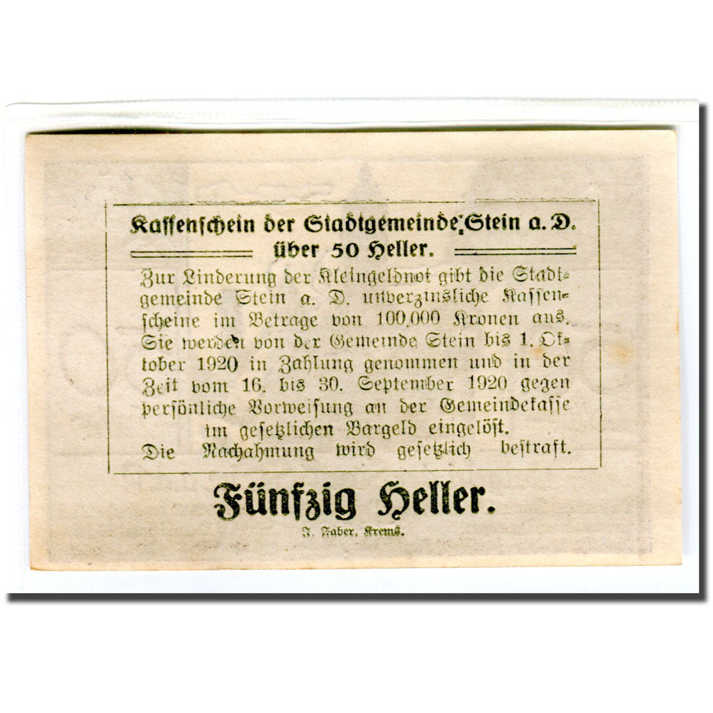 Banknote, Austria, Stein an der Donau, 50 Heller, Texte 2, 1920, 1920-04-09