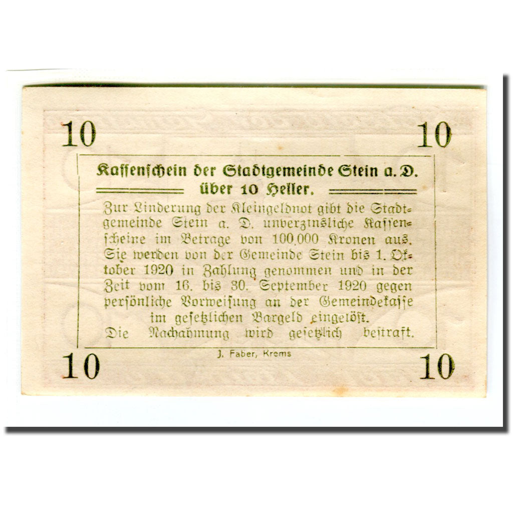 Biljet, Oostenrijk, Stein an der Donau, 10 Heller, Texte, 1920, 1920-04-09, SPL