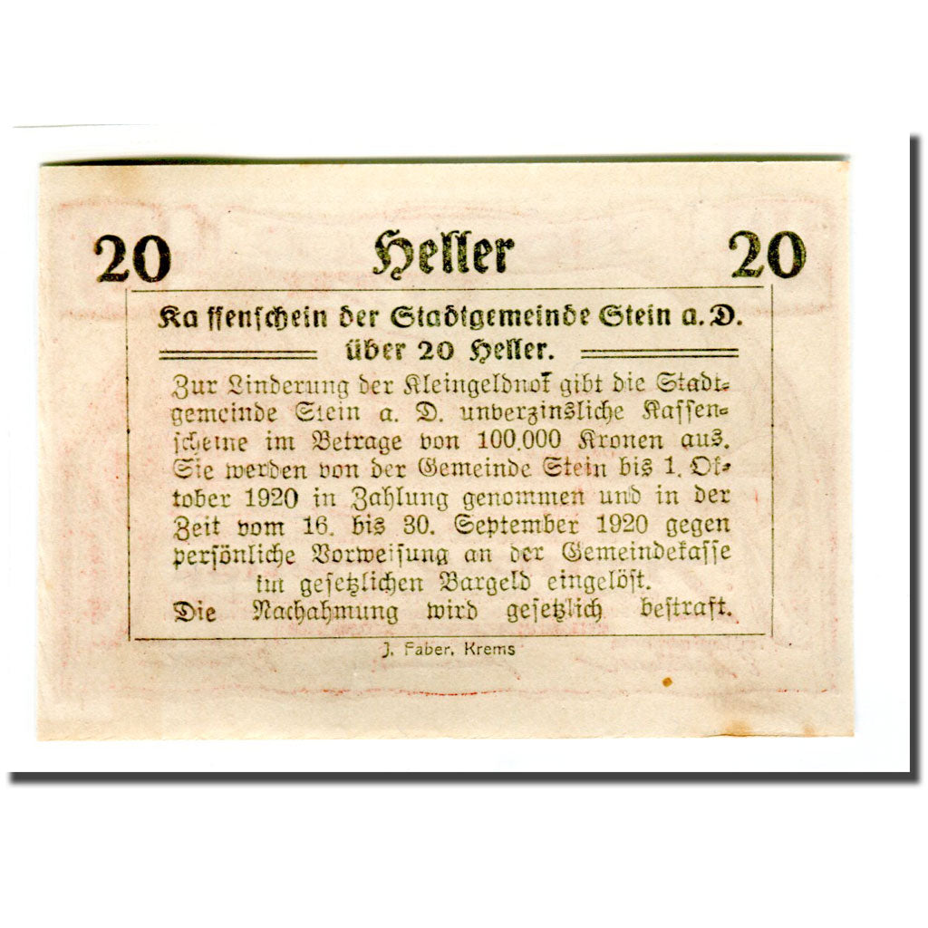Banknote, Austria, Stein an der Donau, 20 Heller, texte 1, 1920, 1920-04-09