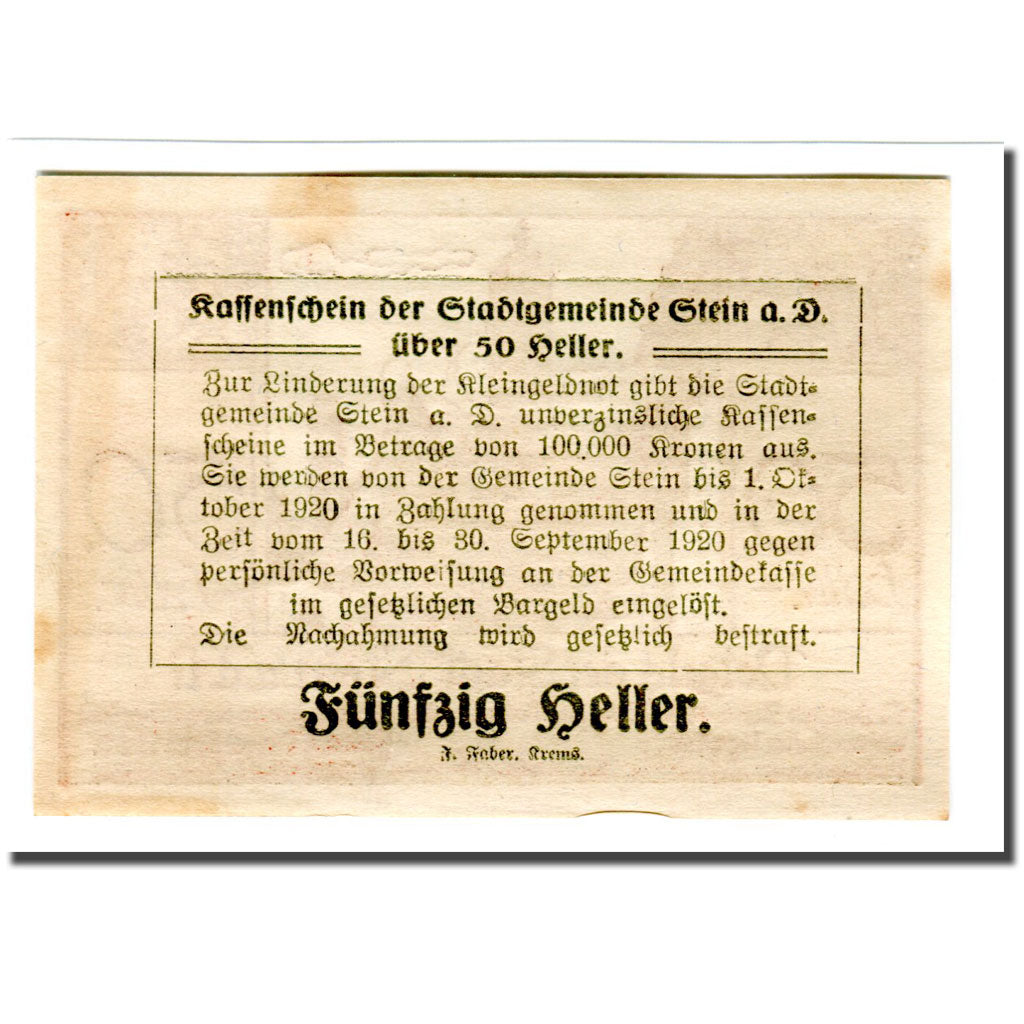 Banknote, Austria, Stein an der Donau, 50 Heller, Texte 2, 1920, 1920-04-09