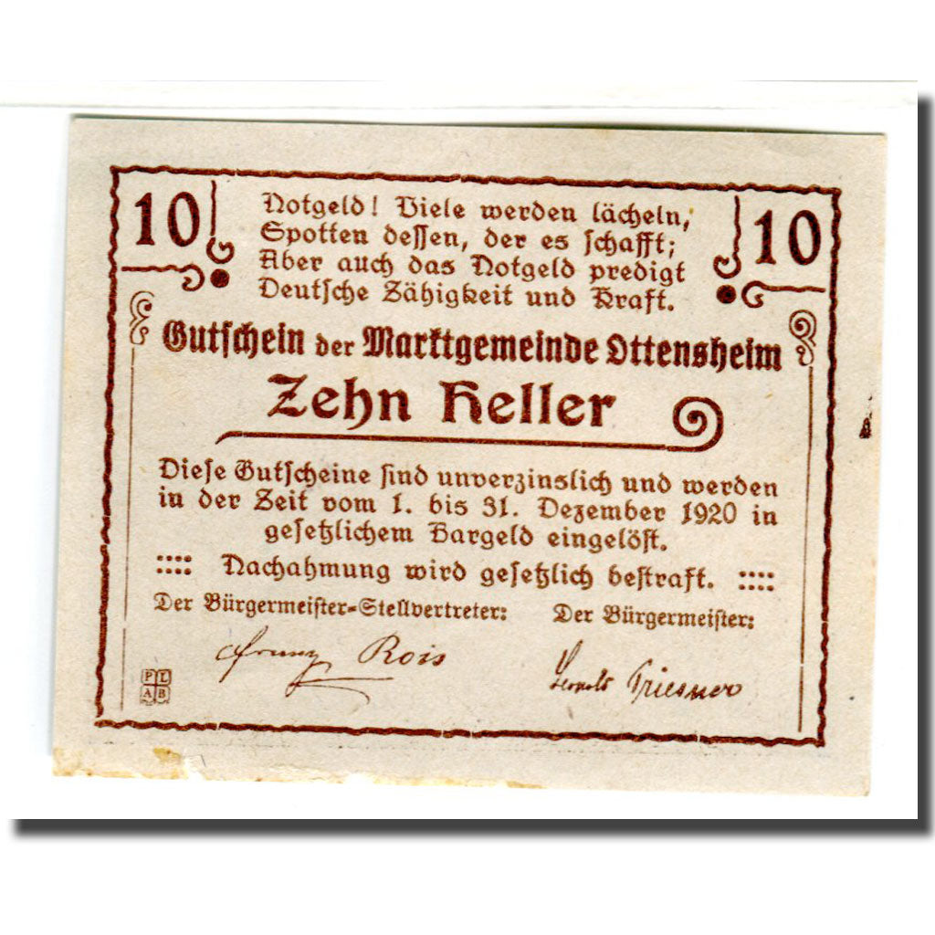 Banknote, Austria, Ottensheim, 10 Heller, paysage, 1920, UNC(63), Mehl:717