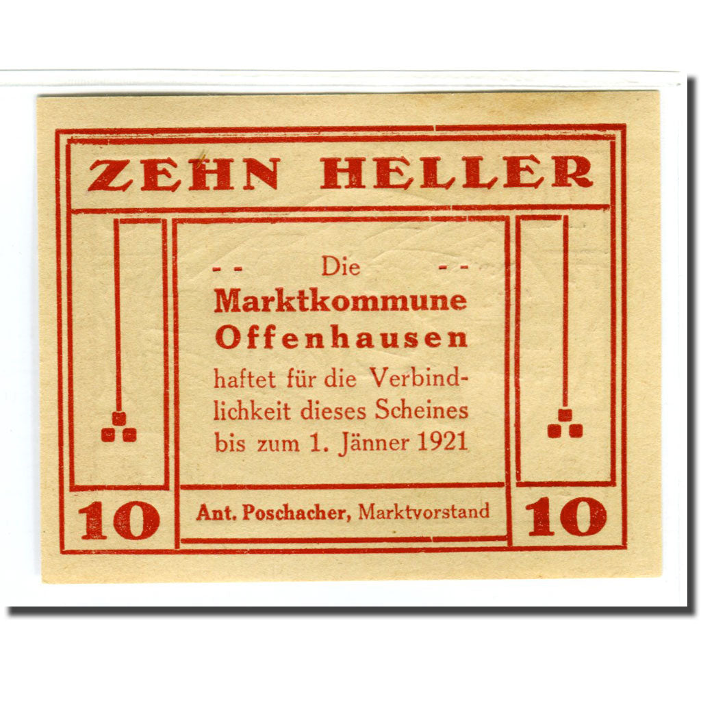 Biljet, Oostenrijk, Offenhausen O.Ö. Prv. Marktkommune, 10 Heller, personnage