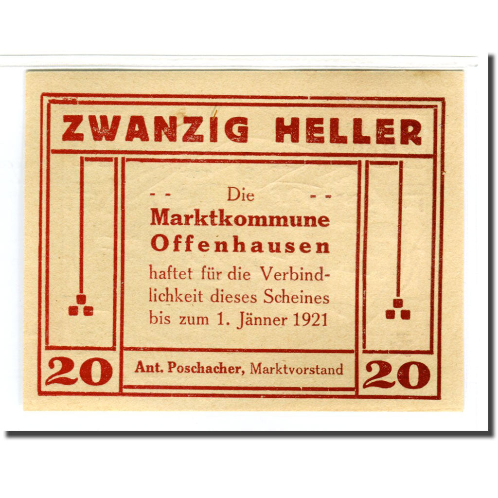 Biljet, Oostenrijk, Offenhausen O.Ö. Prv. Marktkommune, 20 Heller, personnage