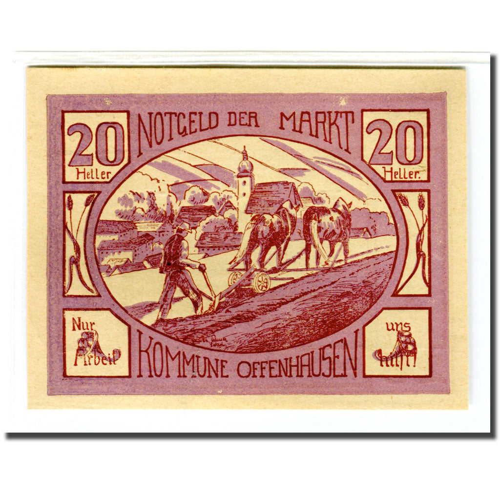 Biljet, Oostenrijk, Offenhausen O.Ö. Prv. Marktkommune, 20 Heller, personnage