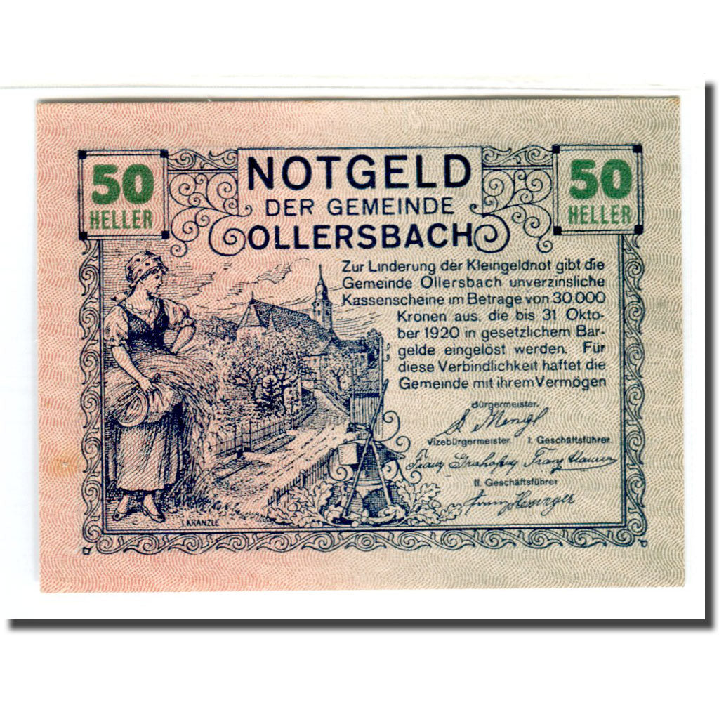 Banconote, Austria, Ollersbach, 50 Heller, personnage, 1920, SPL, Mehl:709a